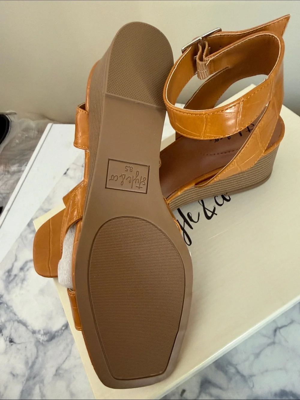 Style & Co. Cognac Tan Croc-Embossed Strappy Block Heel Sandals